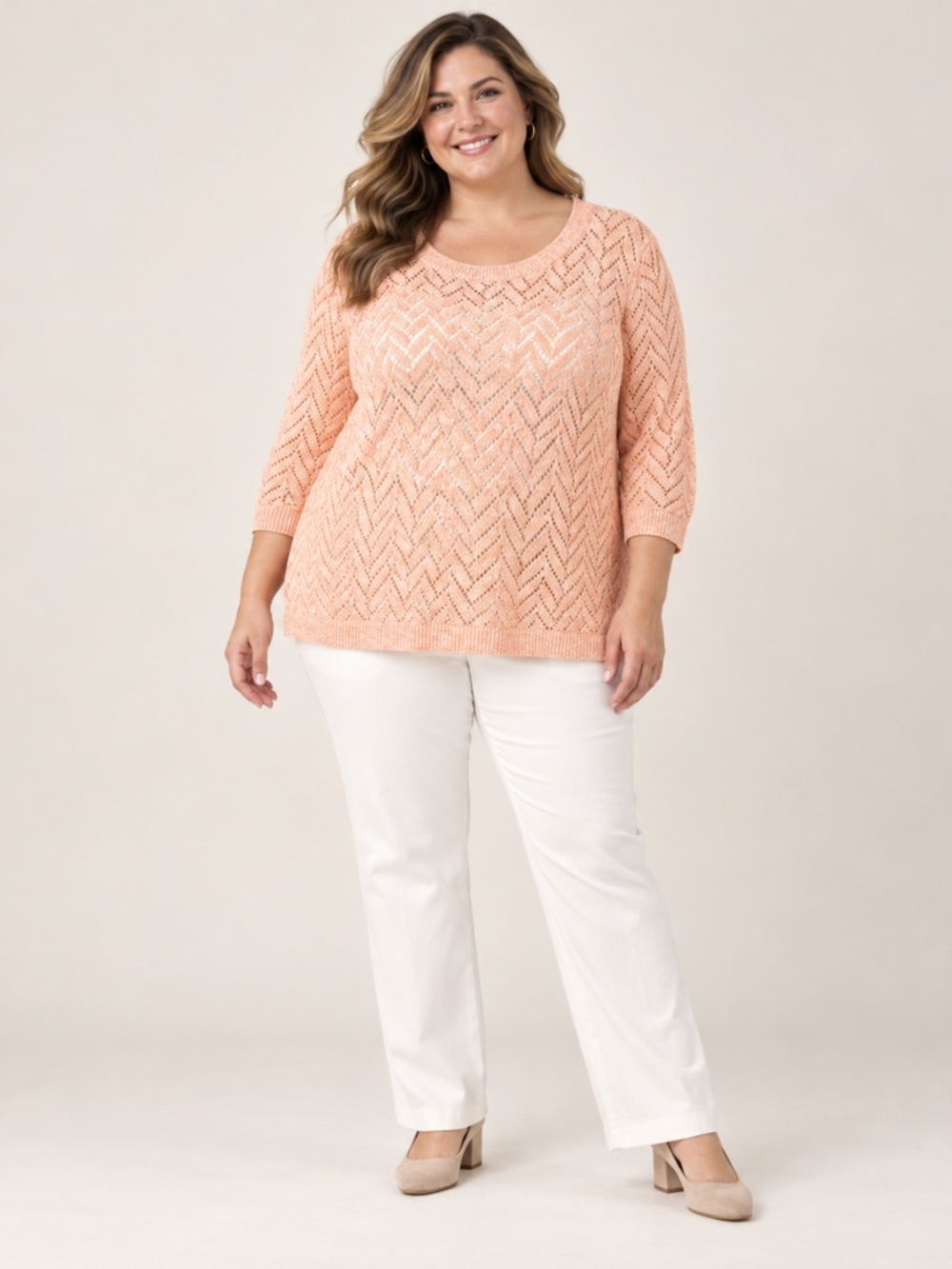 Talbots Plus 2X Peach White Marled Pointelle Chevron Sweater 3/4 Sleeve